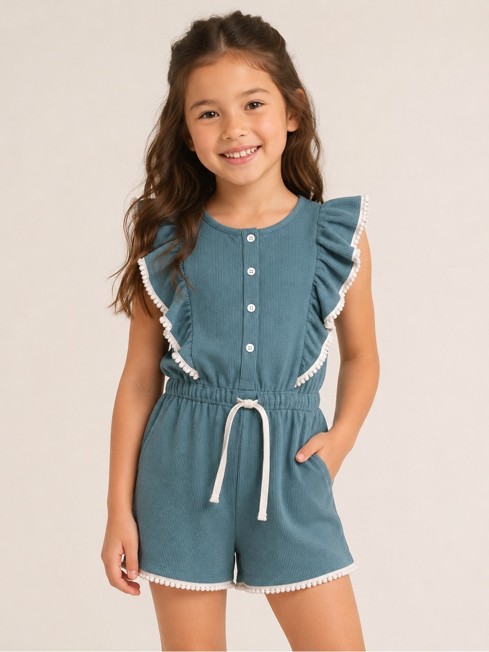 Vignette Girls Teal Ruffle Romper with Pom Trim and Drawstring Waist